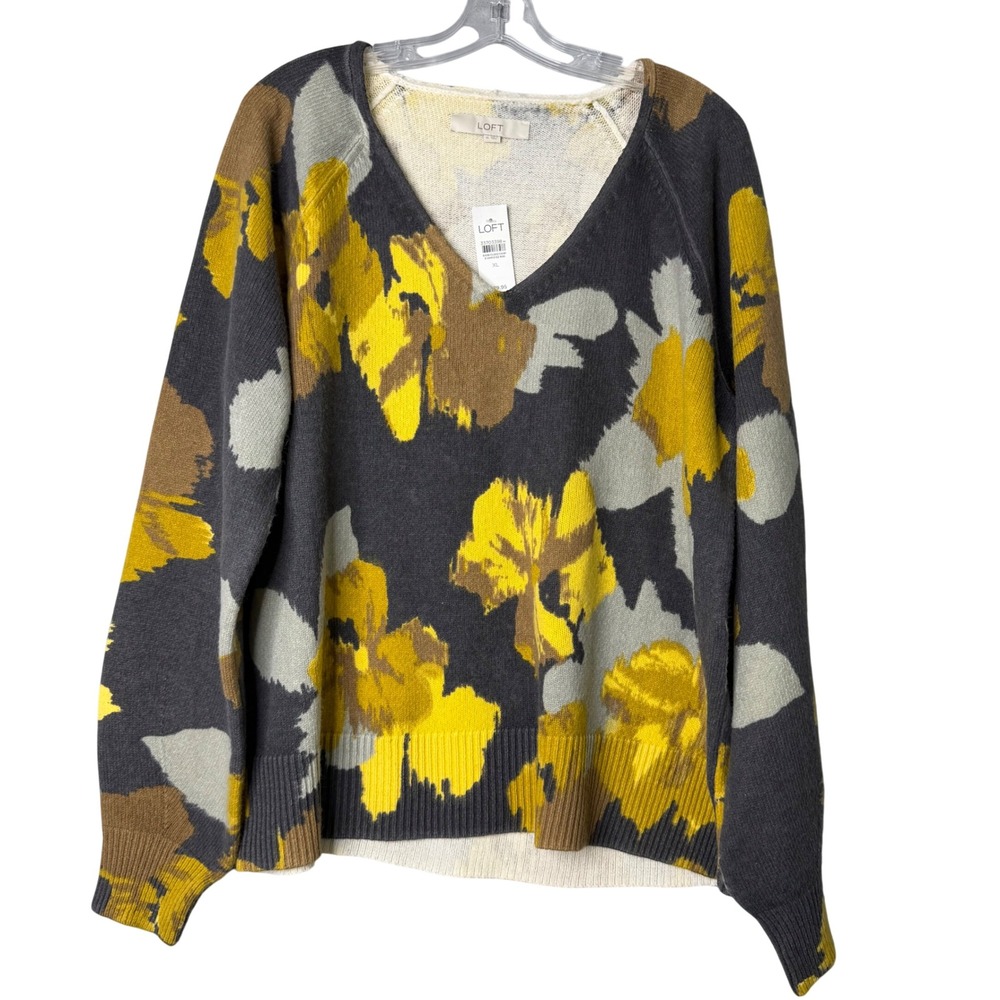 New Loft V Neck Sweater Womens XL Grey Yellow Fall Coastal Preppy Classic